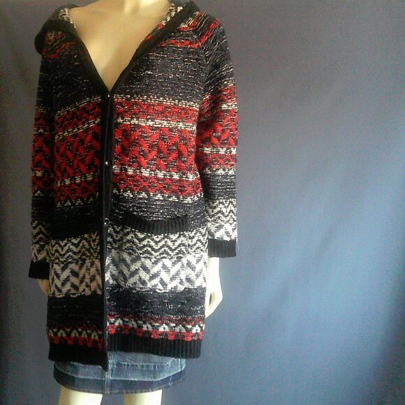 Miss Me Aztec Hooded Pocket Swing Cardigan Sweater Coat M - Picture 2 of 9